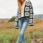 Two-Tone Floral Square Crochet Open Knit Cardigan