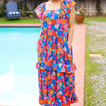 Follow Me Aqua Floral Print Square Neck Tiered Ruffle Maxi Dress