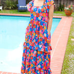 Follow Me Aqua Floral Print Square Neck Tiered Ruffle Maxi Dress