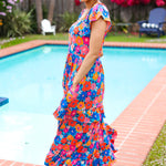 Follow Me Aqua Floral Print Square Neck Tiered Ruffle Maxi Dress