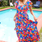 Follow Me Aqua Floral Print Square Neck Tiered Ruffle Maxi Dress