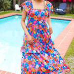 Follow Me Aqua Floral Print Square Neck Tiered Ruffle Maxi Dress