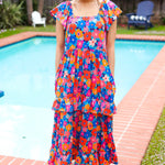 Follow Me Aqua Floral Print Square Neck Tiered Ruffle Maxi Dress