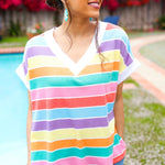 Sieze The Day Rainbow Striped V Neck Drop Shoulder Thermal Knit Top