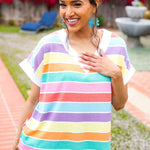 Sieze The Day Rainbow Striped V Neck Drop Shoulder Thermal Knit Top