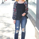 Charming Black Square Neck Border Print Bubble Sleeve Top