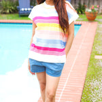 Feeling Playful Blue & Fuchsia Striped Short Dolman Sleeve Knit Top