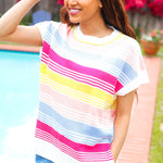 Feeling Playful Blue & Fuchsia Striped Short Dolman Sleeve Knit Top