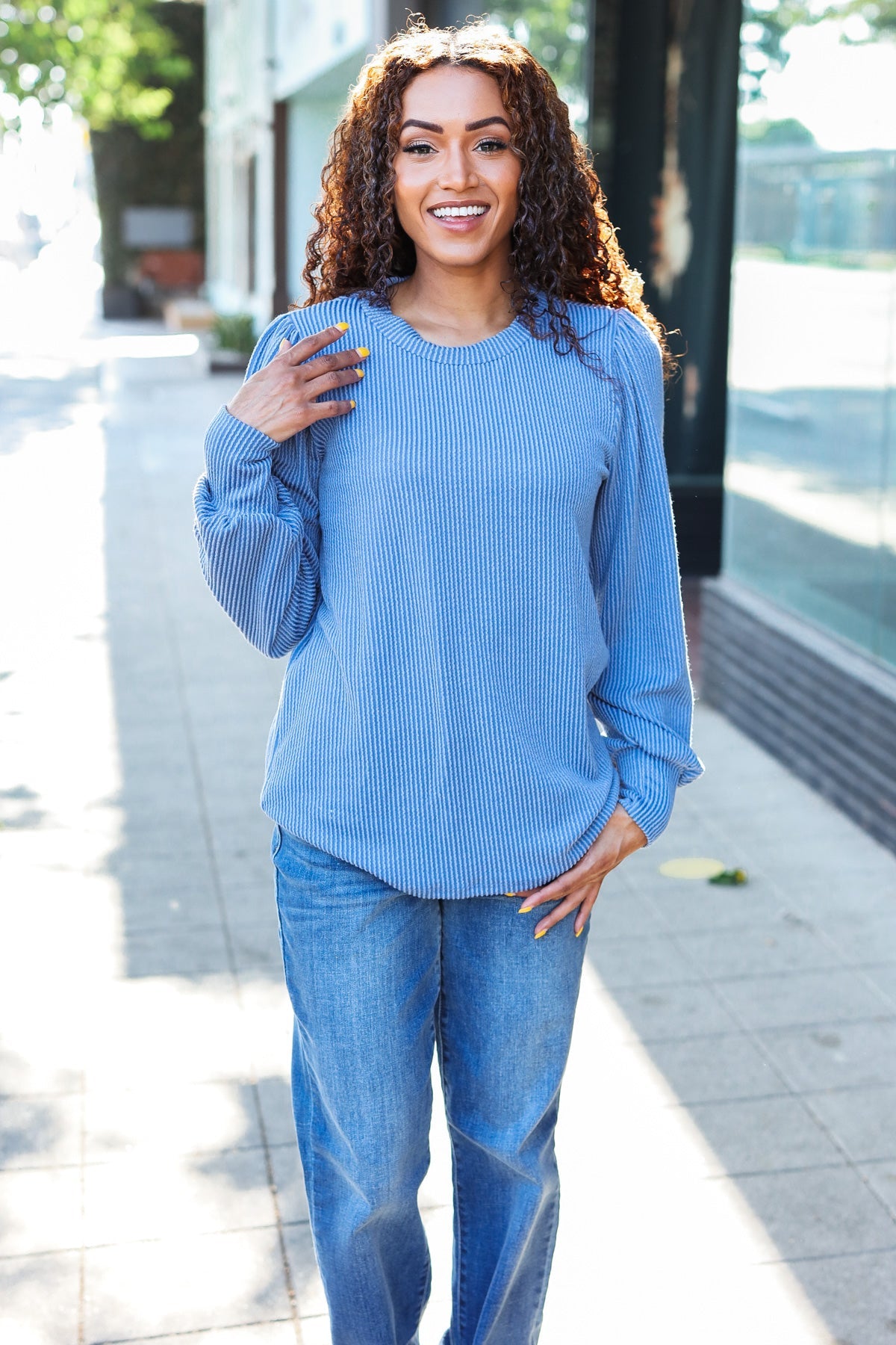 Everyday Vintage Denim Rib Mineral Wash Long Sleeve Top