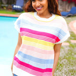 Feeling Playful Blue & Fuchsia Striped Short Dolman Sleeve Knit Top