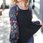 Charming Black Square Neck Border Print Bubble Sleeve Top