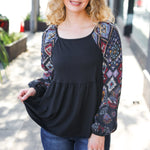 Charming Black Square Neck Border Print Bubble Sleeve Top