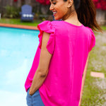 Summer Days Fuchsia Banded V Neck Flutter Sleeve Top