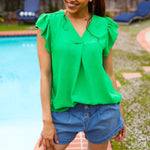 Sunny Days Kelly Green Banded V Neck Flutter Sleeve Top