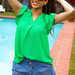 Sunny Days Kelly Green Banded V Neck Flutter Sleeve Top