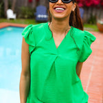 Sunny Days Kelly Green Banded V Neck Flutter Sleeve Top