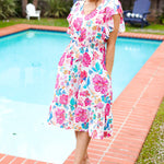 Hello Beautiful Ivory & Fuchsia Floral Sequin Smock Waist Midi Dress