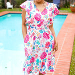 Hello Beautiful Ivory & Fuchsia Floral Sequin Smock Waist Midi Dress