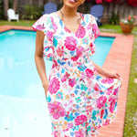 Hello Beautiful Ivory & Fuchsia Floral Sequin Smock Waist Midi Dress