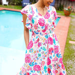 Hello Beautiful Ivory & Fuchsia Floral Sequin Smock Waist Midi Dress