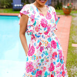 Hello Beautiful Ivory & Fuchsia Floral Sequin Smock Waist Midi Dress