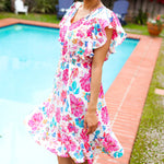 Hello Beautiful Ivory & Fuchsia Floral Sequin Smock Waist Midi Dress