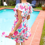 Hello Beautiful Ivory & Fuchsia Floral Sequin Smock Waist Midi Dress