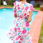 Hello Beautiful Ivory & Fuchsia Floral Sequin Smock Waist Midi Dress