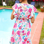 Hello Beautiful Ivory & Fuchsia Floral Sequin Smock Waist Midi Dress