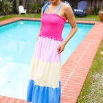 Vacay Vibes Hot Pink & Blue Smocked Color Block Maxi Dress