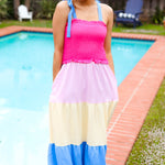 Vacay Vibes Hot Pink & Blue Smocked Color Block Maxi Dress