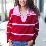 Fall For You Crimson Stripe Notched Neck Collared Oversized Sweater