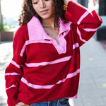 Fall For You Crimson Stripe Notched Neck Collared Oversized Sweater