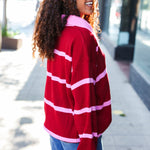 Fall For You Crimson Stripe Notched Neck Collared Oversized Sweater