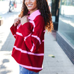 Fall For You Crimson Stripe Notched Neck Collared Oversized Sweater