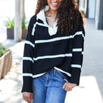 Fall For You Black Stripe Notched Neck Collared Oversized Sweater