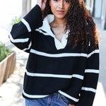 Fall For You Black Stripe Notched Neck Collared Oversized Sweater