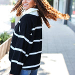 Fall For You Black Stripe Notched Neck Collared Oversized Sweater