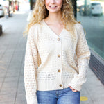 Follow Me Oatmeal Pointelle Knit Button Down Cardigan