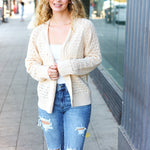 Follow Me Oatmeal Pointelle Knit Button Down Cardigan