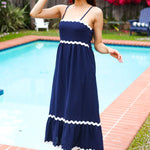 Bold & Sassy Navy Square Neck Ric Rac Trim Adjustable Straps Maxi