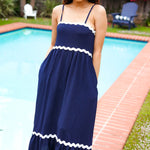 Bold & Sassy Navy Square Neck Ric Rac Trim Adjustable Straps Maxi