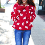 Game Day Red Football Print Jacquard Knit Sweater