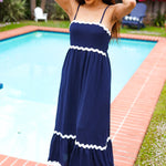 Bold & Sassy Navy Square Neck Ric Rac Trim Adjustable Straps Maxi