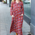 Casual Living Burgundy Floral Collared Fit & Flare Maxi Dress