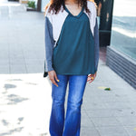 Stand Out Hunter Green V Neck Raglan Color Block Outseam Top