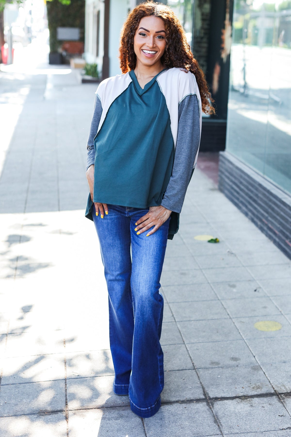 Stand Out Hunter Green V Neck Raglan Color Block Outseam Top