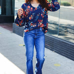 Lovely In Navy Floral Print Smocked Bubble Sleeve Woven Top