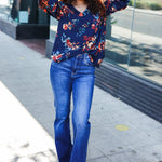 Lovely In Navy Floral Print Smocked Bubble Sleeve Woven Top