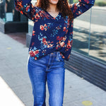 Lovely In Navy Floral Print Smocked Bubble Sleeve Woven Top